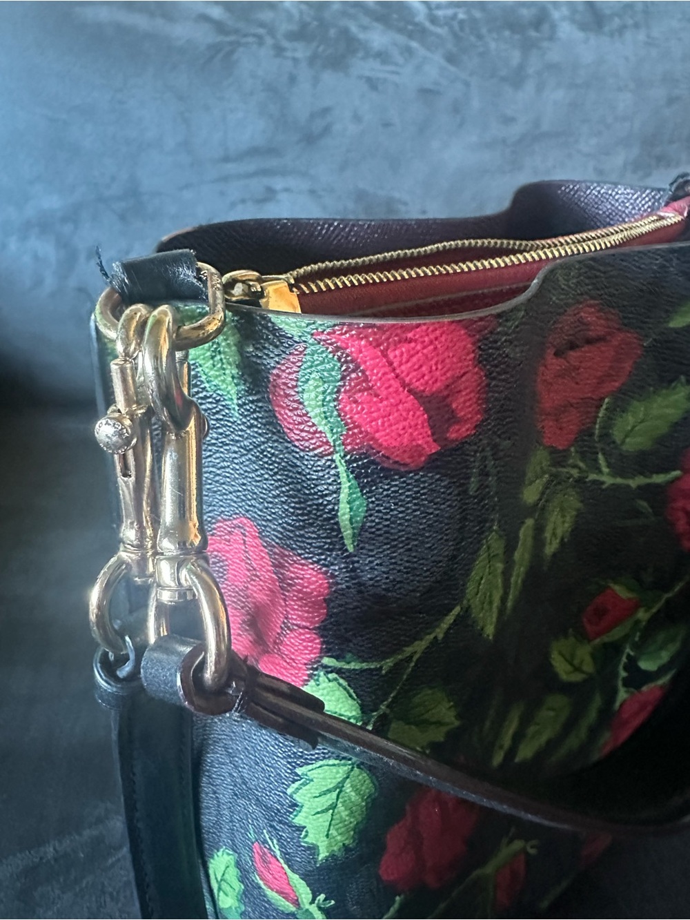 Coach Black Floral Signature Bucket Bag with Red Roses - Picture 8 of 8